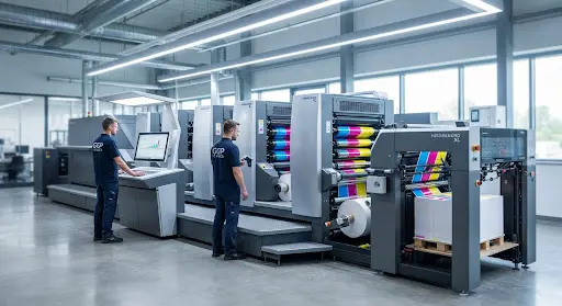 Industrial printing press in operation